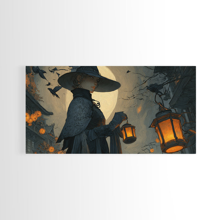 The Lantern Mage, Wide Panoramic Art, Dark Halloween Decor, Canvas Print, Halloween Wall Decor, Gothic Home Decor, Seasonal Home Decor