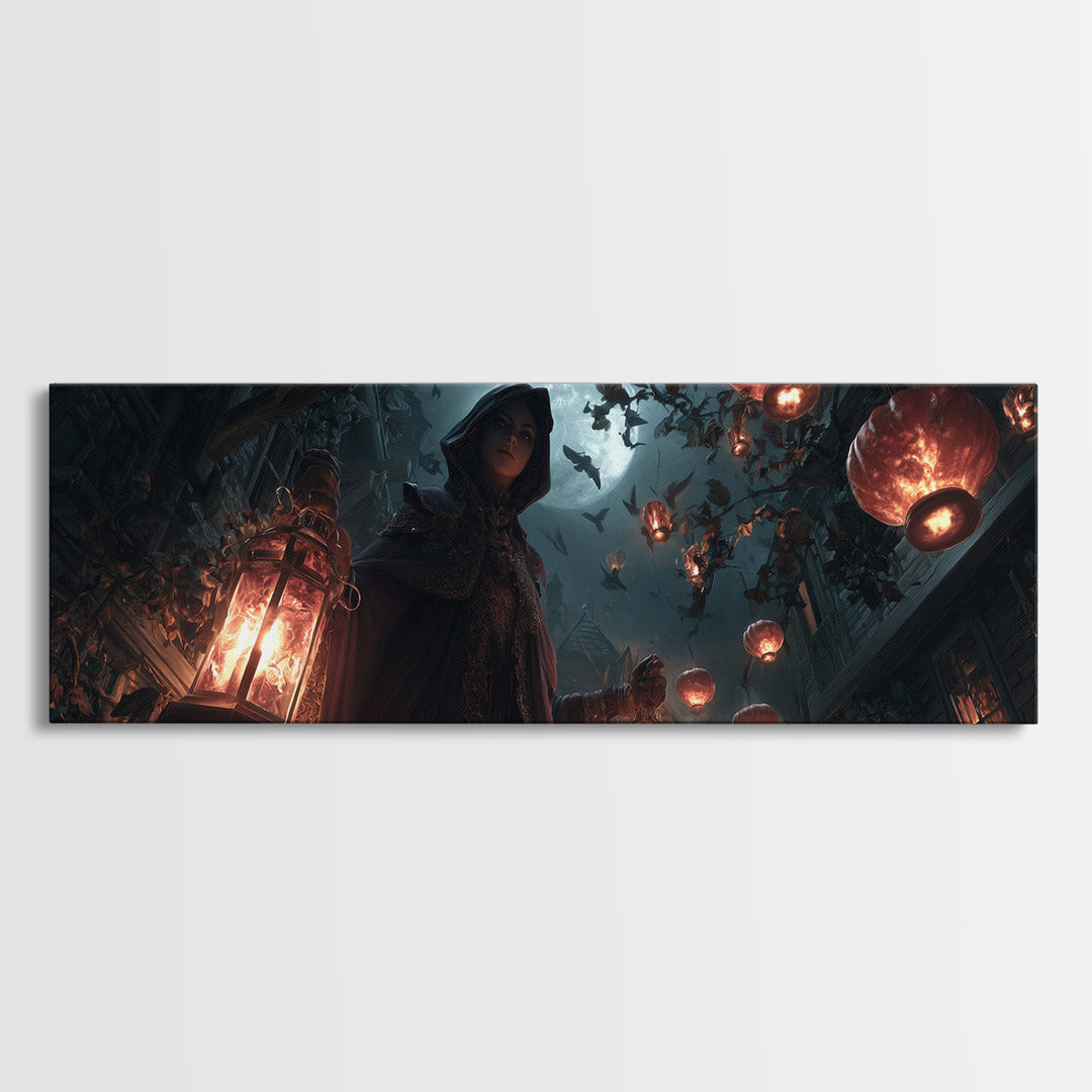 The Lantern Mage, Extra Wide Wall Art, Gothic Horror Wall Art, Framed Canvas Print, Halloween Wall Decor, Gothic Home Decor