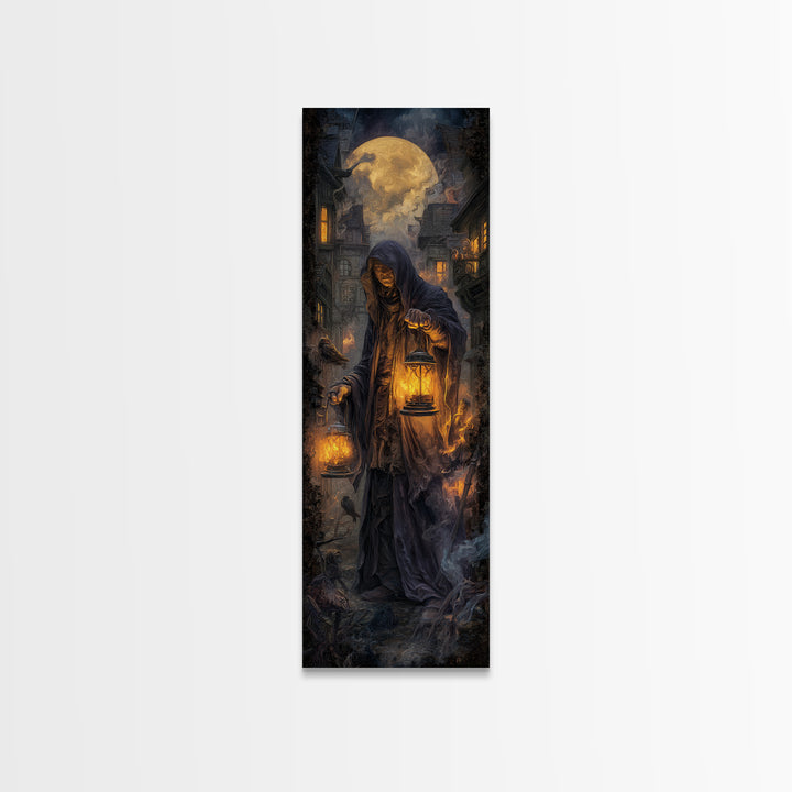 The Lantern Mage, Tall Narrow Wall Art, Dark Fantasy Wall Art, Canvas Print, Halloween Wall Decor, Gothic Home Decor, Dark Fantasy Art