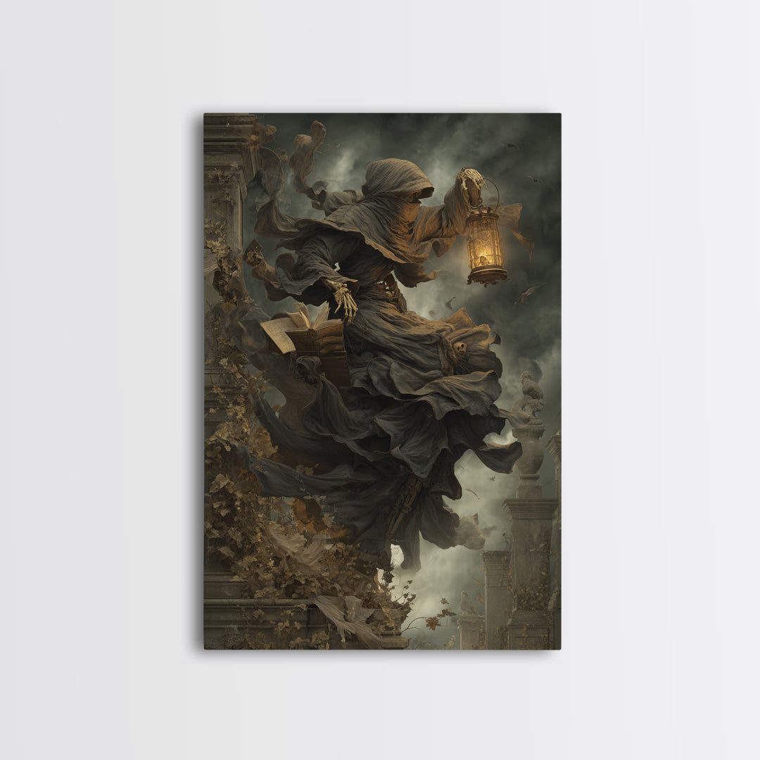 The Crypt Librarian, Vertical Wall Art, Dark Halloween Decor, Canvas Print, Halloween Wall Decor, Gothic Home Decor, Dark Fantasy Art