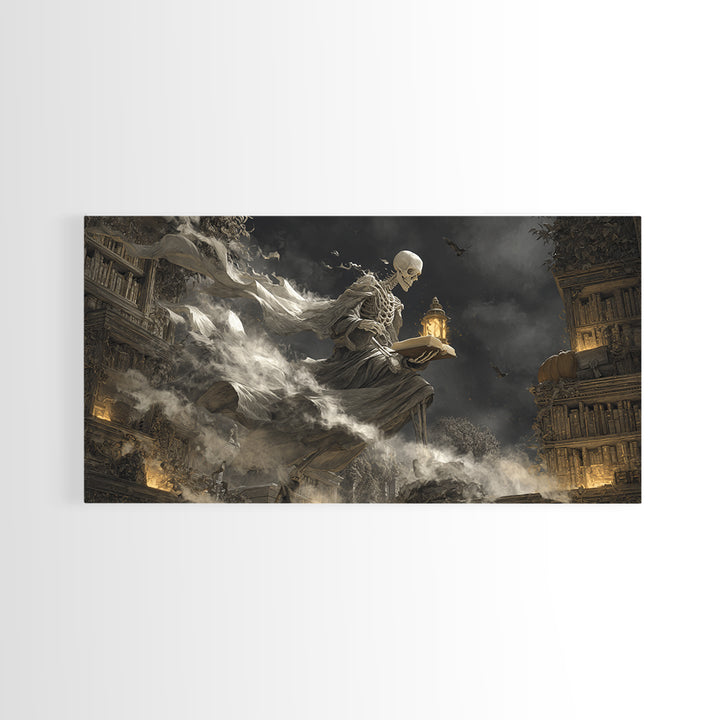 The Crypt Librarian, Wide Panoramic Art, Gothic Horror Wall Art, Framed Canvas Print, Halloween Wall Decor, Gothic Home Decor
