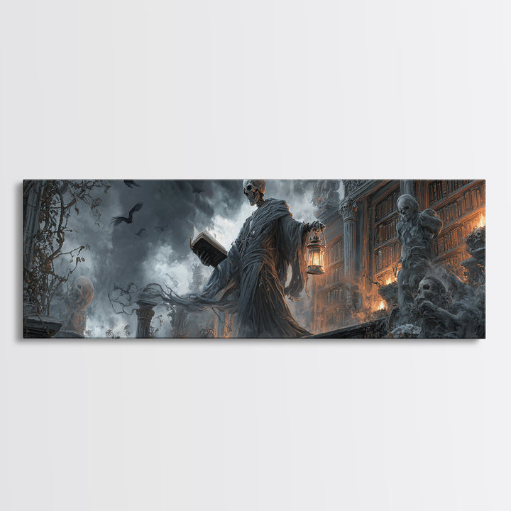 The Crypt Librarian, Extra Wide Wall Art, Macabre Wall Art, Framed Canvas Print, Halloween Wall Decor, Gothic Home Decor, Spooky Wall Decor