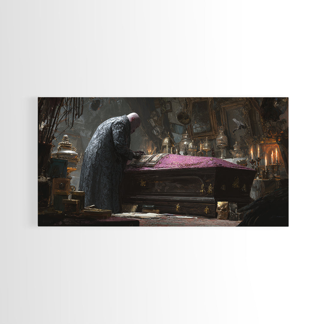 The Royal Coffin Maker, Wide Panoramic Art, Macabre Wall Art, Framed Canvas Print, Halloween Wall Decor, Gothic Home Decor, Halloween Decor