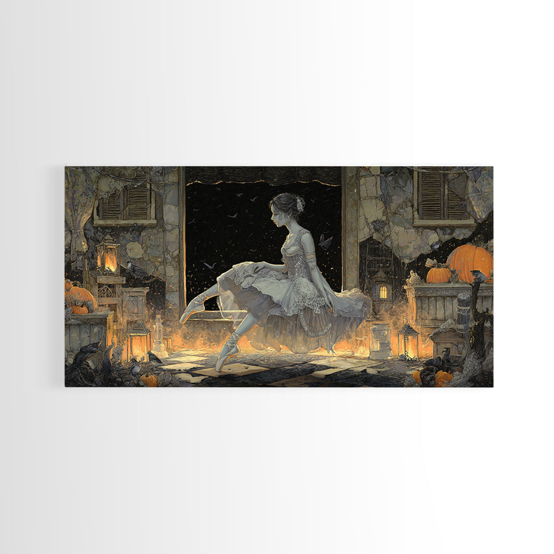 The Phantom Ballerina, Wide Panoramic Art, Haunted Gothic Art, Framed Canvas Print, Halloween Wall Decor, Gothic Home Decor