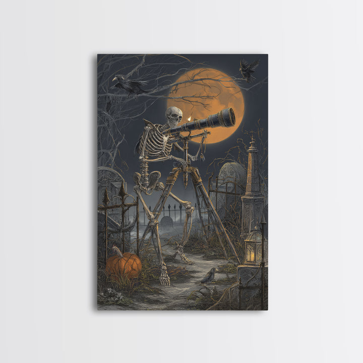 The Skull Astronomer, Vertical Wall Art, Spooky Home Decor, Canvas Print, Halloween Wall Decor, Gothic Home Decor, Spooky Wall Decor