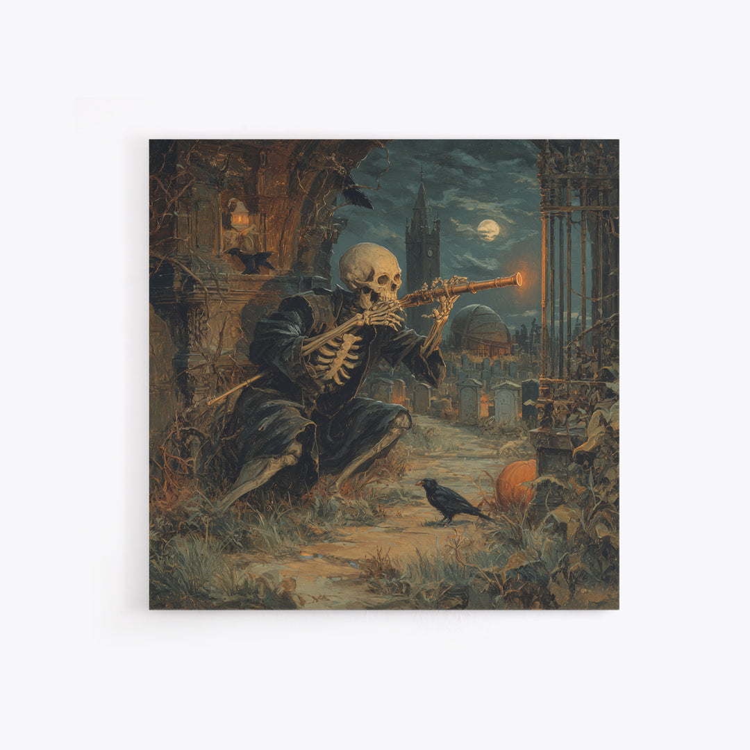 The Skull Astronomer, Square Wall Art, Macabre Wall Art, Framed Canvas Print, Halloween Wall Decor, Gothic Home Decor, Halloween Decor