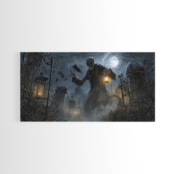 The Skull Astronomer, Wide Panoramic Art, Gothic Horror Wall Art, Framed Canvas Print, Halloween Wall Decor, Gothic Home Decor