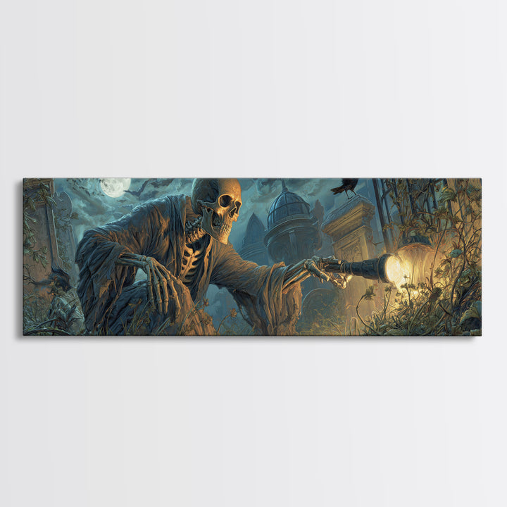 The Skull Astronomer, Extra Wide Wall Art, Dark Halloween Decor, Canvas Print, Halloween Wall Decor, Gothic Home Decor, Dark Fantasy Art