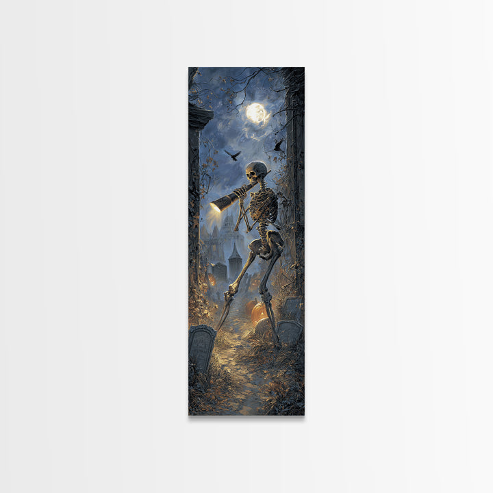 The Skull Astronomer, Tall Narrow Wall Art, Gothic Horror Wall Art, Framed Canvas Print, Halloween Wall Decor, Gothic Home Decor