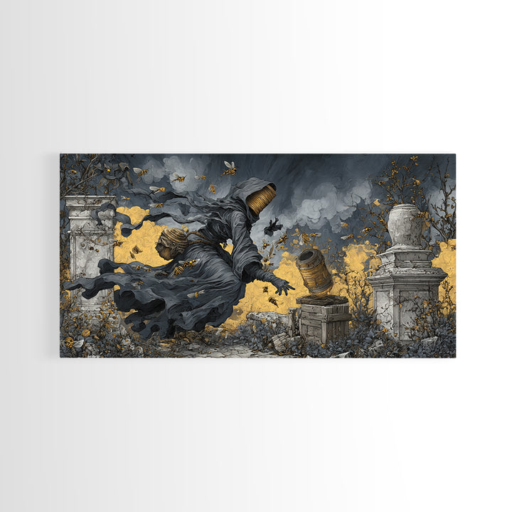 The Cemetery Beekeeper, Wide Panoramic Art, Dark Fantasy Wall Art, Canvas Print, Halloween Wall Decor, Gothic Home Decor