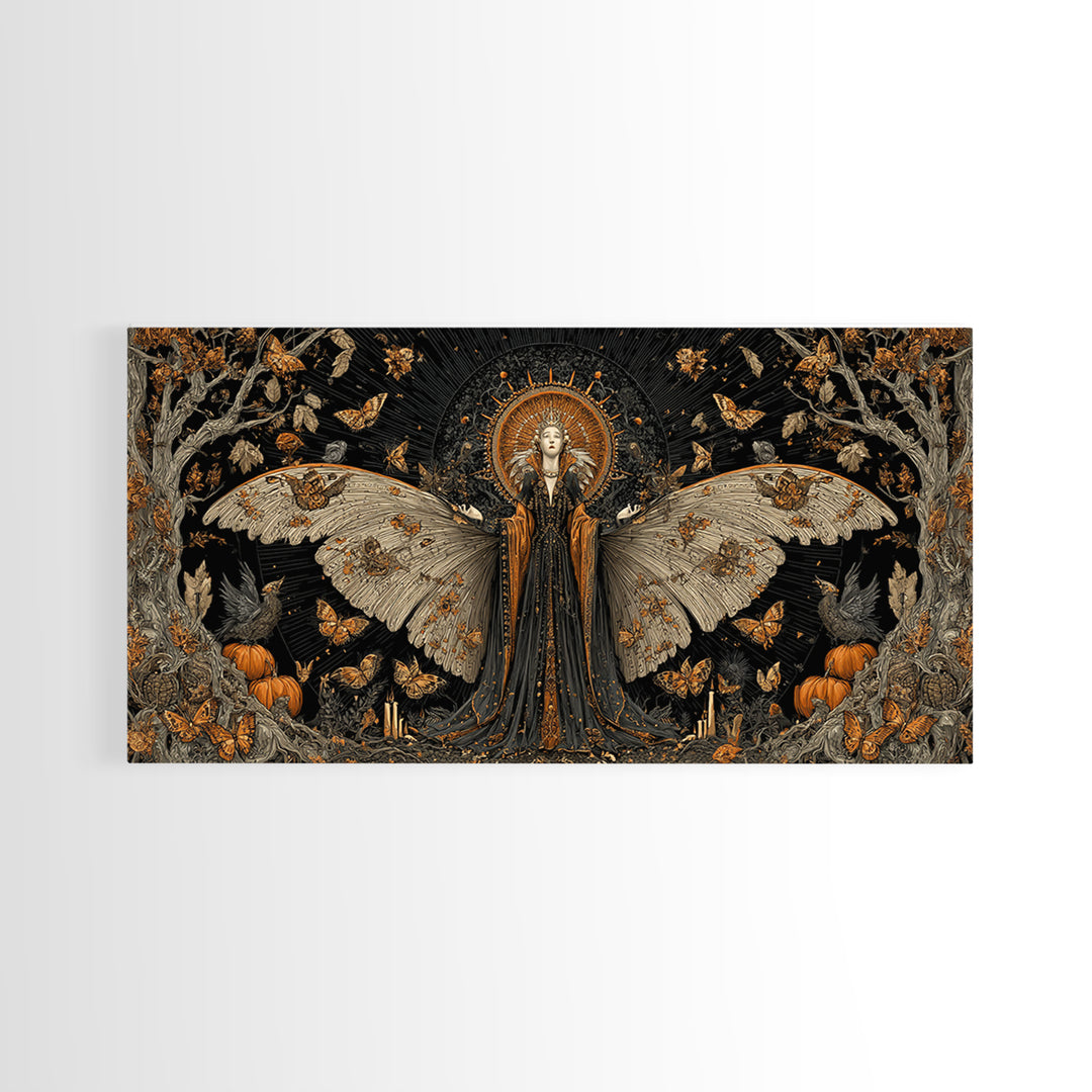 The Moth-Winged Empress, Wide Panoramic Art, Gothic Horror Wall Art, Framed Canvas Print, Halloween Wall Decor, Gothic Home Decor