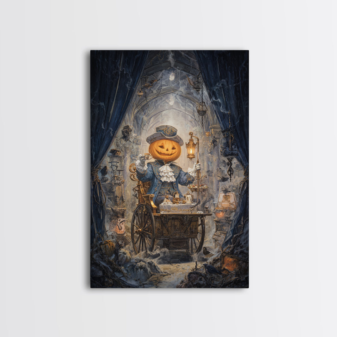 The Pumpkin-Headed Tea Merchant, Vertical Wall Art, Macabre Wall Art, Framed Canvas Print, Halloween Wall Decor, Gothic Home Decor