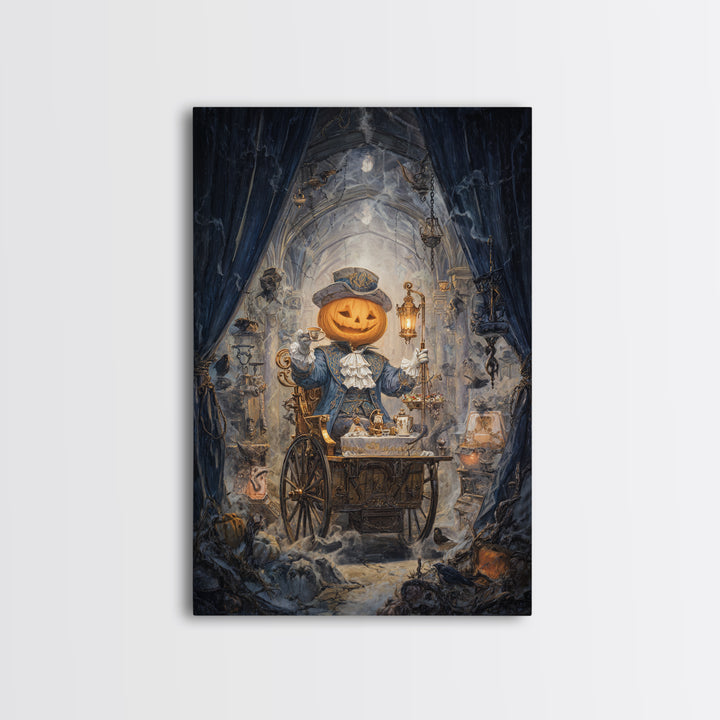 The Pumpkin-Headed Tea Merchant, Vertical Wall Art, Macabre Wall Art, Framed Canvas Print, Halloween Wall Decor, Gothic Home Decor