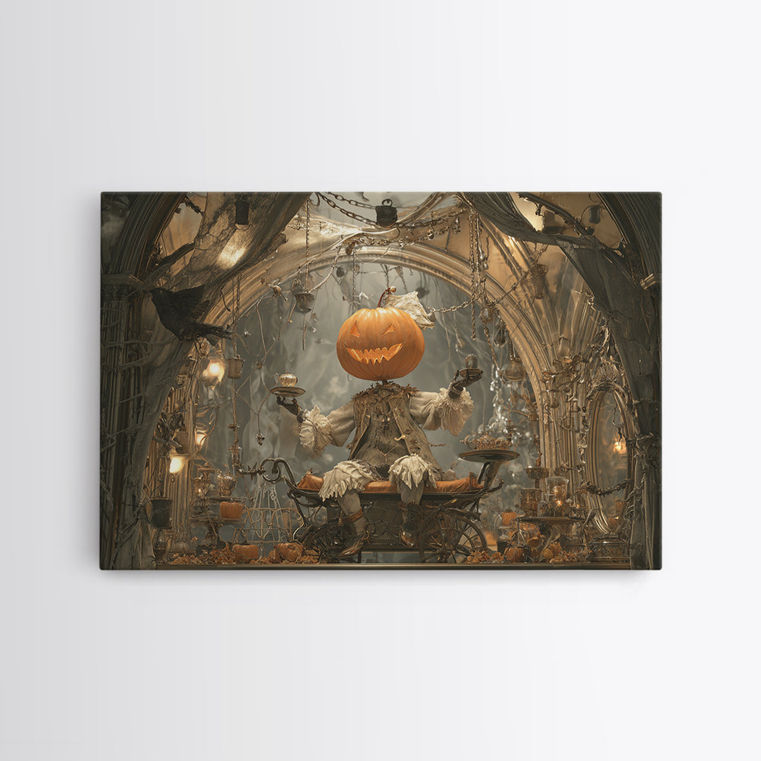 The Pumpkin-Headed Tea Merchant, Landscape Wall Art, Dark Halloween Decor, Canvas Print, Halloween Wall Decor, Gothic Home Decor