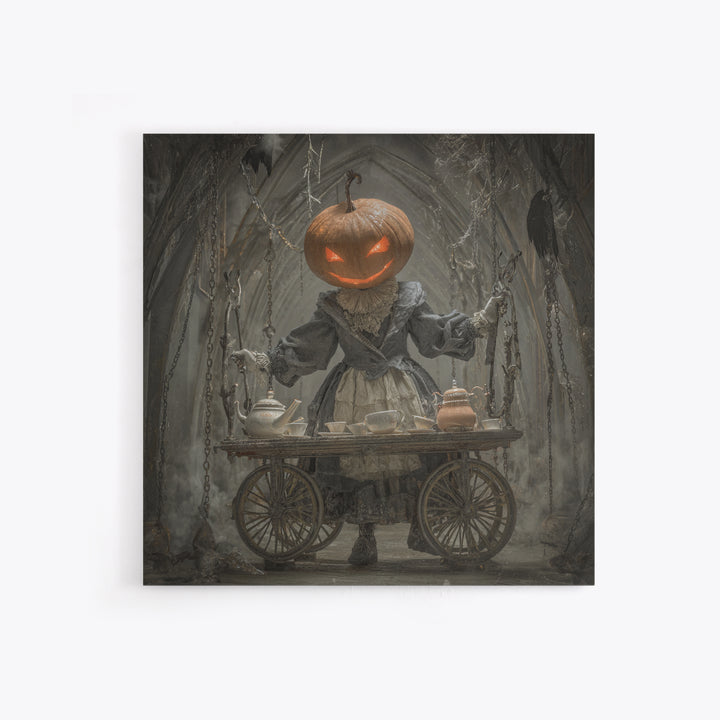 The Pumpkin-Headed Tea Merchant, Square Wall Art, Dark Fantasy Wall Art, Canvas Print, Halloween Wall Decor, Gothic Home Decor