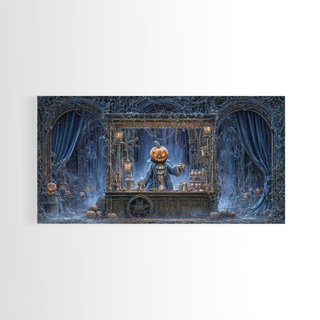 The Pumpkin-Headed Tea Merchant, Wide Panoramic Art, Dark Halloween Decor, Canvas Print, Halloween Wall Decor, Gothic Home Decor