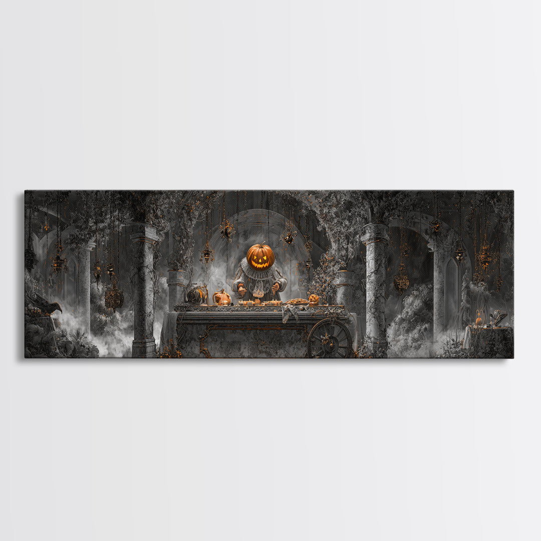 The Pumpkin-Headed Tea Merchant, Extra Wide Wall Art, Dark Fantasy Wall Art, Canvas Print, Halloween Wall Decor, Gothic Home Decor