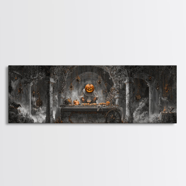 The Pumpkin-Headed Tea Merchant, Extra Wide Wall Art, Dark Fantasy Wall Art, Canvas Print, Halloween Wall Decor, Gothic Home Decor