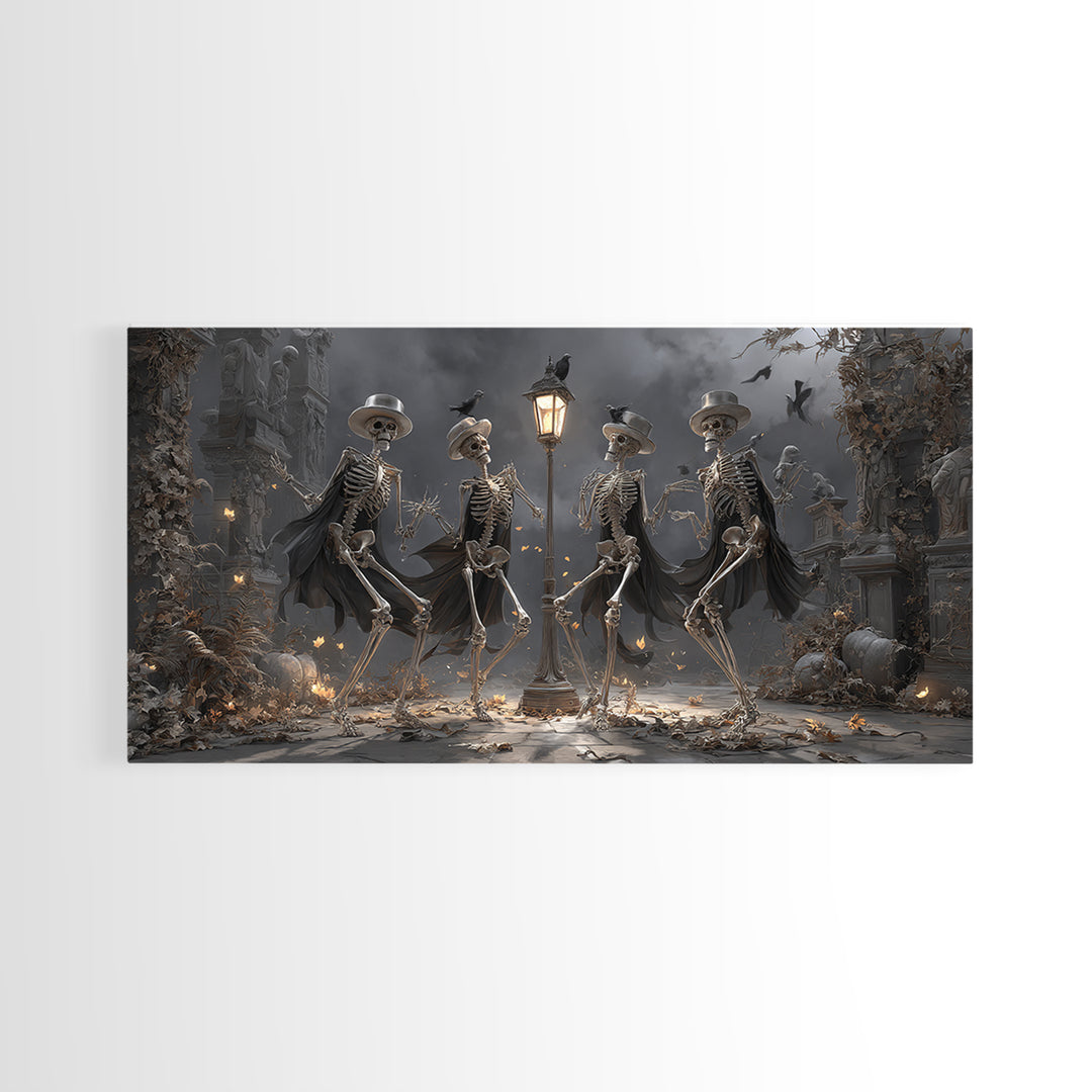 The Skeleton Barbershop Quartet, Wide Panoramic Art, Macabre Wall Art, Framed Canvas Print, Halloween Wall Decor, Gothic Home Decor