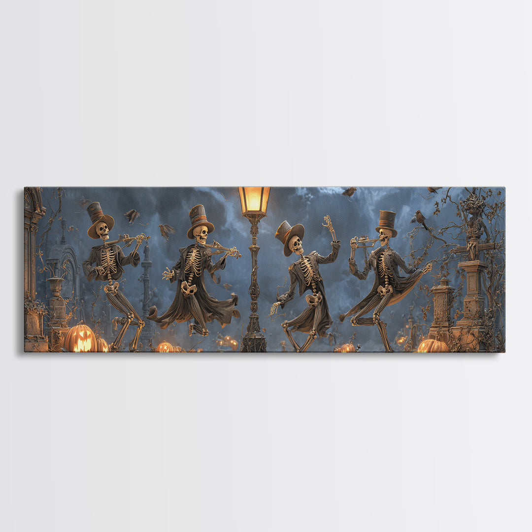 The Skeleton Barbershop Quartet, Extra Wide Wall Art, Gothic Horror Wall Art, Framed Canvas Print, Halloween Wall Decor, Gothic Home Decor