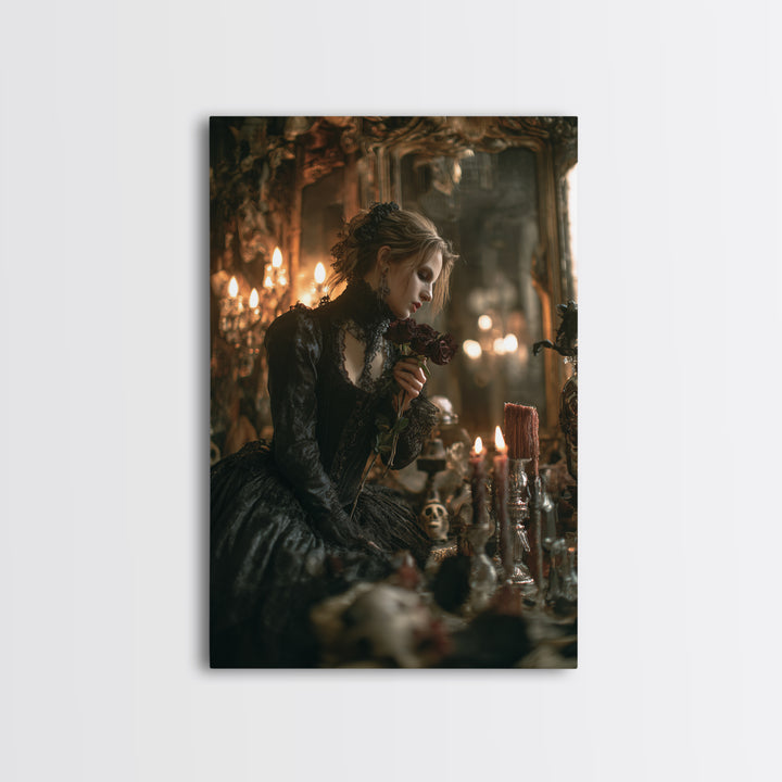 The Vampire Florist, Vertical Wall Art, Haunted Gothic Art, Framed Canvas Print, Halloween Wall Decor, Gothic Home Decor, Horror Wall Art