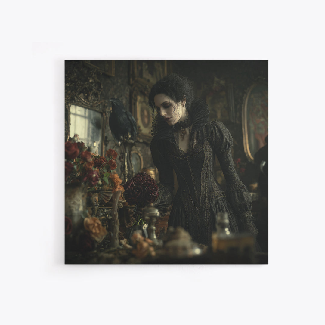 The Vampire Florist, Square Wall Art, Gothic Horror Wall Art, Framed Canvas Print, Halloween Wall Decor, Gothic Home Decor