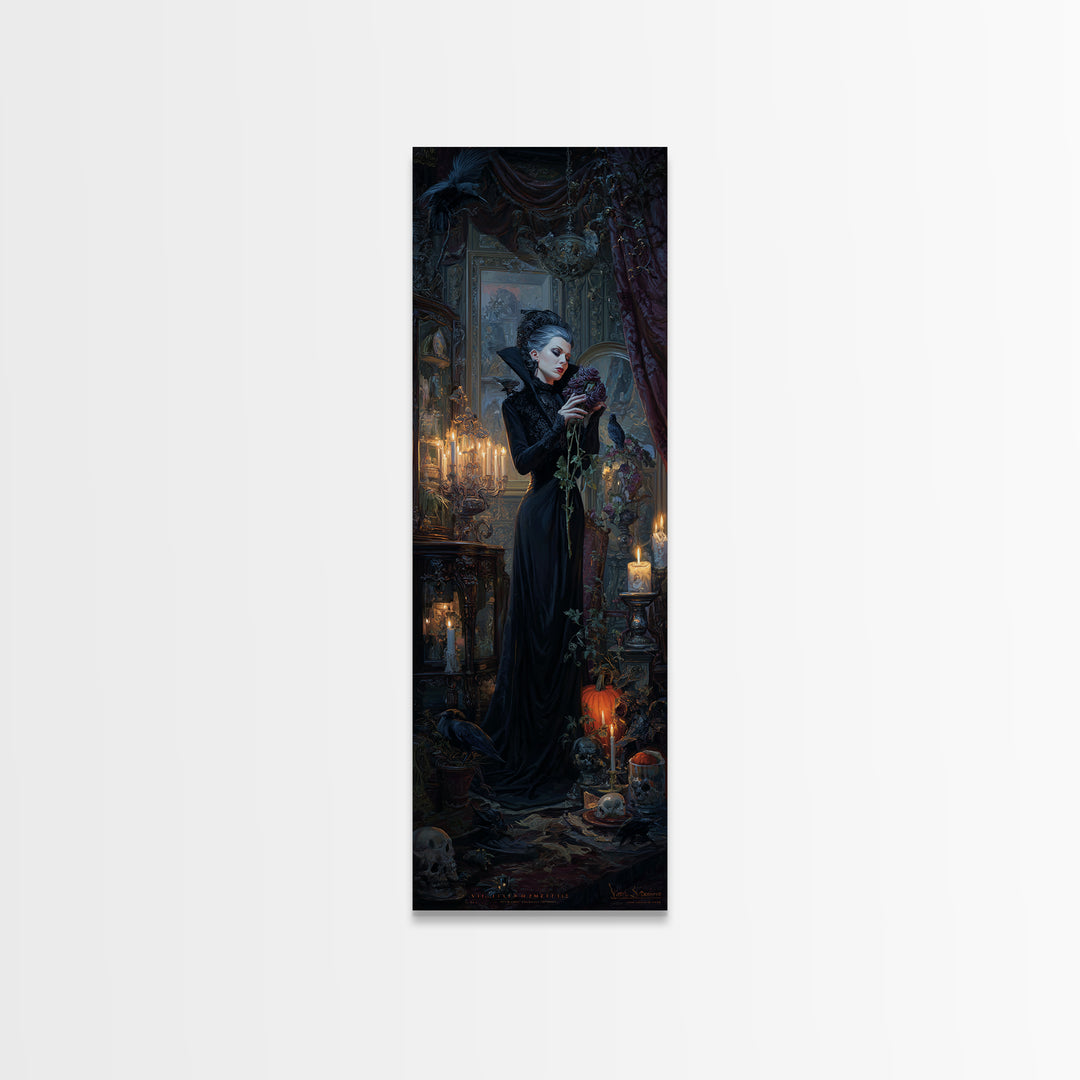 The Vampire Florist, Tall Narrow Wall Art, Spooky Home Decor, Canvas Print, Halloween Wall Decor, Gothic Home Decor, Macabre Wall Art