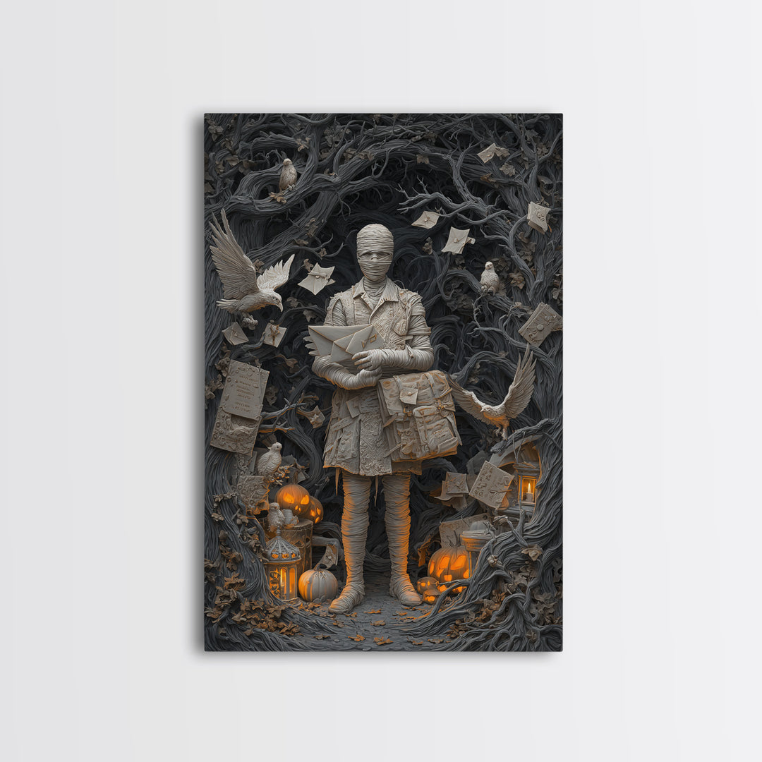 The Mummy Mail Carrier, Vertical Wall Art, Gothic Horror Wall Art, Framed Canvas Print, Halloween Wall Decor, Gothic Home Decor