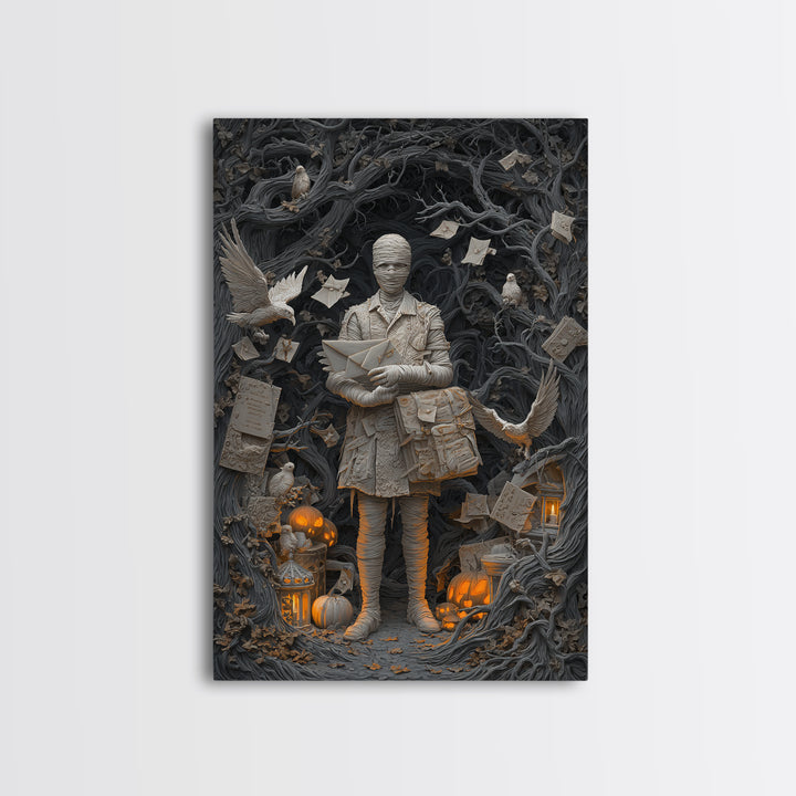 The Mummy Mail Carrier, Vertical Wall Art, Gothic Horror Wall Art, Framed Canvas Print, Halloween Wall Decor, Gothic Home Decor