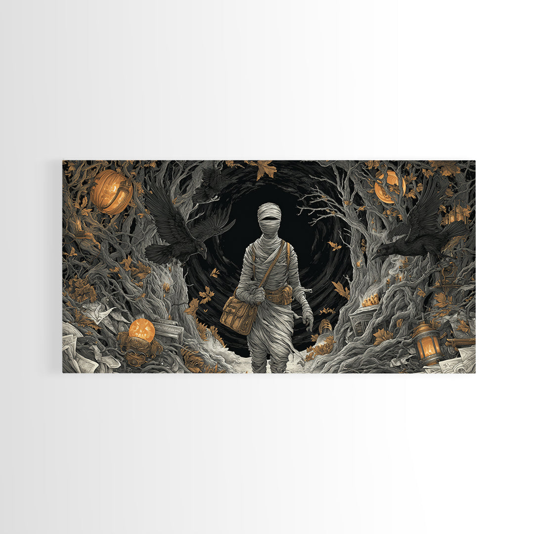 The Mummy Mail Carrier, Wide Panoramic Art, Dark Fantasy Wall Art, Canvas Print, Halloween Wall Decor, Gothic Home Decor, Spooky Wall Decor