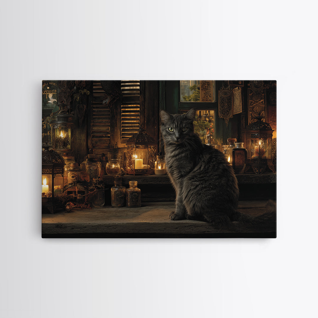 The Witch'S Cat Cafe, Landscape Wall Art, Haunted Gothic Art, Framed Canvas Print, Halloween Wall Decor, Gothic Home Decor