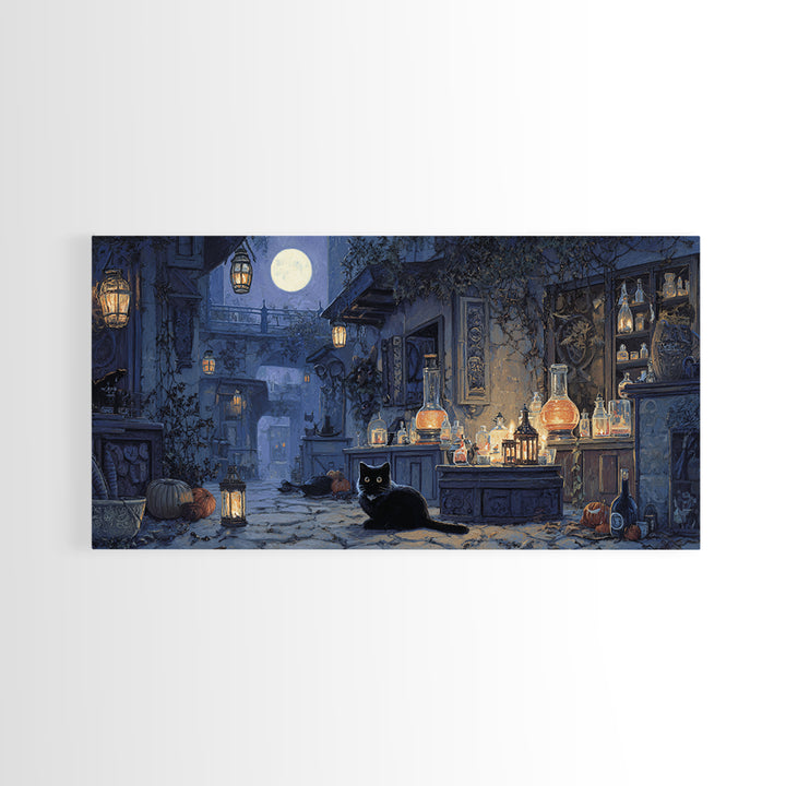 The Witch'S Cat Cafe, Wide Panoramic Art, Dark Fantasy Wall Art, Canvas Print, Halloween Wall Decor, Gothic Home Decor, Macabre Wall Art