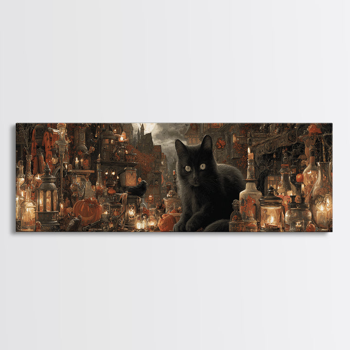 The Witch'S Cat Cafe, Extra Wide Wall Art, Dark Fantasy Wall Art, Canvas Print, Halloween Wall Decor, Gothic Home Decor, Dark Fantasy Art