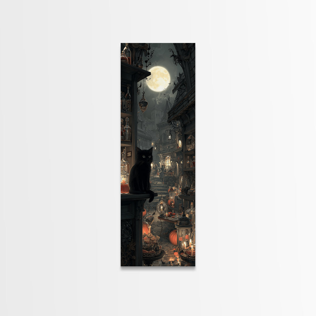 The Witch'S Cat Cafe, Tall Narrow Wall Art, Dark Fantasy Wall Art, Canvas Print, Halloween Wall Decor, Gothic Home Decor, Dark Fantasy Art