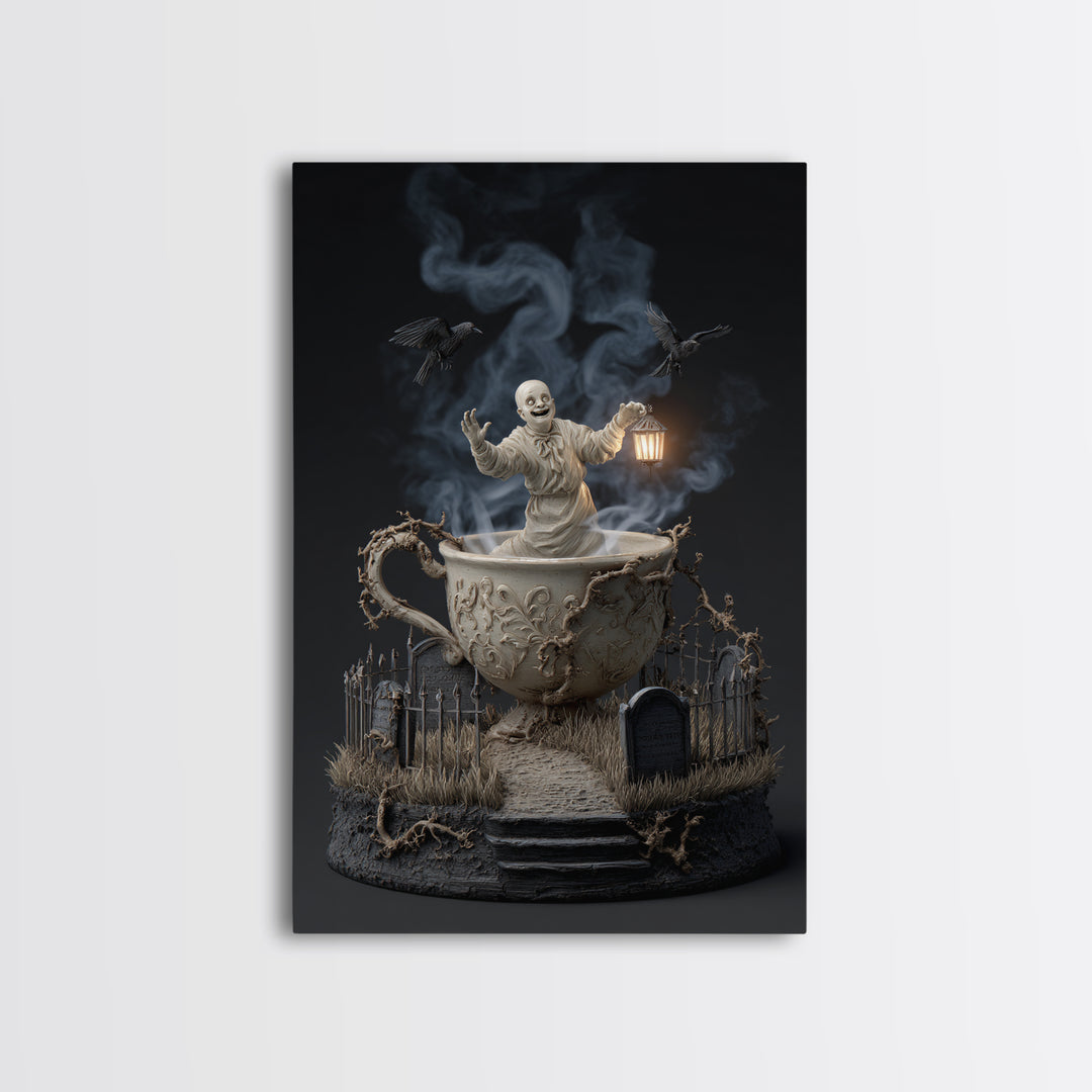 Tiny Ghosts In Teacups, Vertical Wall Art, Dark Fantasy Wall Art, Canvas Print, Halloween Wall Decor, Gothic Home Decor, Macabre Wall Art