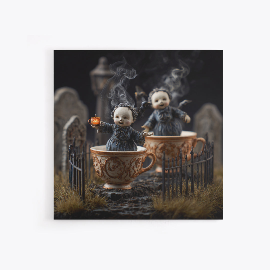 Tiny Ghosts In Teacups, Square Wall Art, Spooky Home Decor, Canvas Print, Halloween Wall Decor, Gothic Home Decor, Horror Wall Art