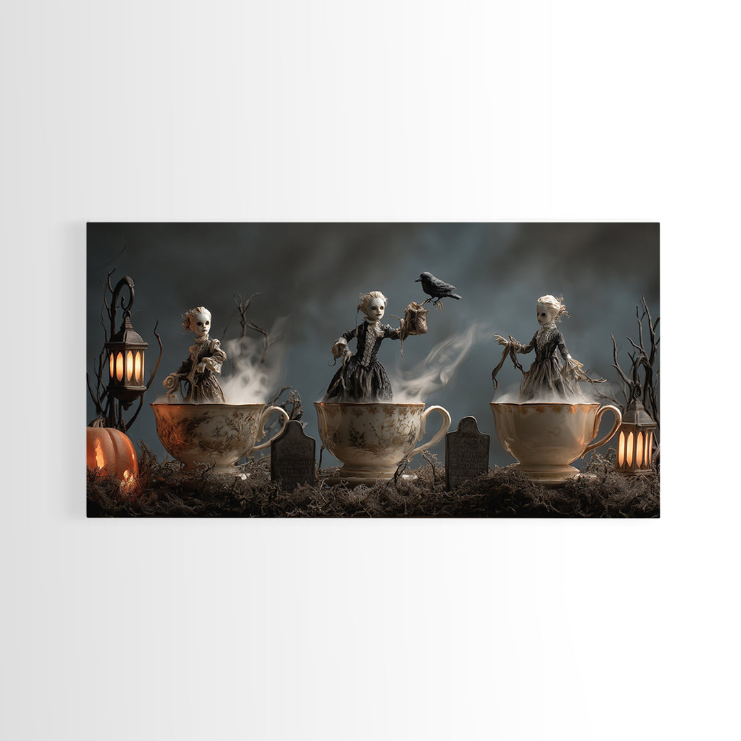 Tiny Ghosts In Teacups, Wide Panoramic Art, Haunted Gothic Art, Framed Canvas Print, Halloween Wall Decor, Gothic Home Decor