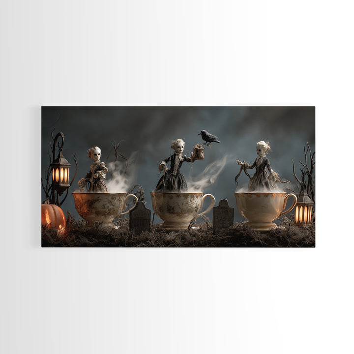 Tiny Ghosts In Teacups, Wide Panoramic Art, Haunted Gothic Art, Framed Canvas Print, Halloween Wall Decor, Gothic Home Decor