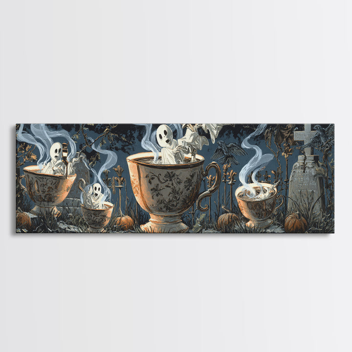 Tiny Ghosts In Teacups, Extra Wide Wall Art, Spooky Home Decor, Canvas Print, Halloween Wall Decor, Gothic Home Decor, Spooky Wall Decor