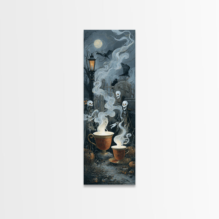 Tiny Ghosts In Teacups, Tall Narrow Wall Art, Macabre Wall Art, Framed Canvas Print, Halloween Wall Decor, Gothic Home Decor