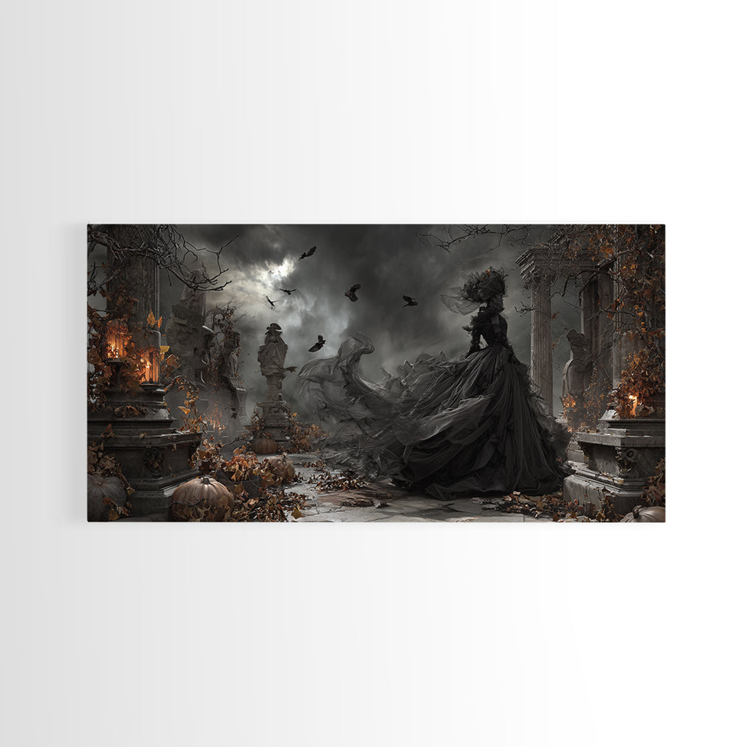 The Spider Sewing Circle, Wide Panoramic Art, Haunted Gothic Art, Framed Canvas Print, Halloween Wall Decor, Gothic Home Decor
