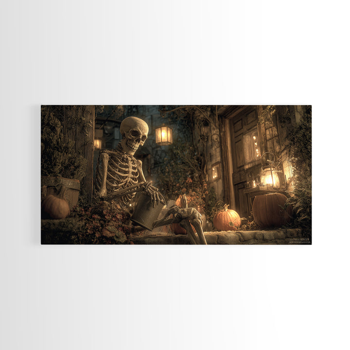 The Skeleton Gardeners, Wide Panoramic Art, Dark Fantasy Wall Art, Canvas Print, Halloween Wall Decor, Gothic Home Decor, Spooky Wall Decor