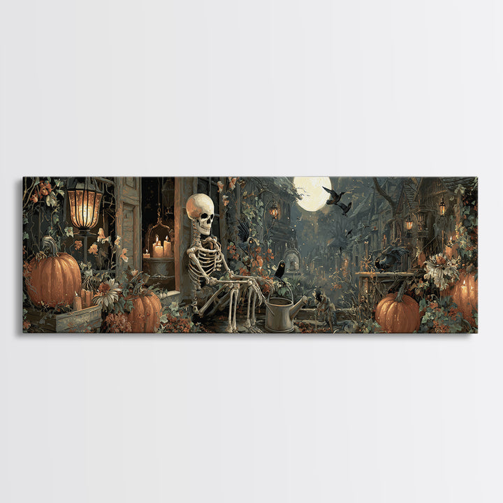 The Skeleton Gardeners, Extra Wide Wall Art, Gothic Horror Wall Art, Framed Canvas Print, Halloween Wall Decor, Gothic Home Decor