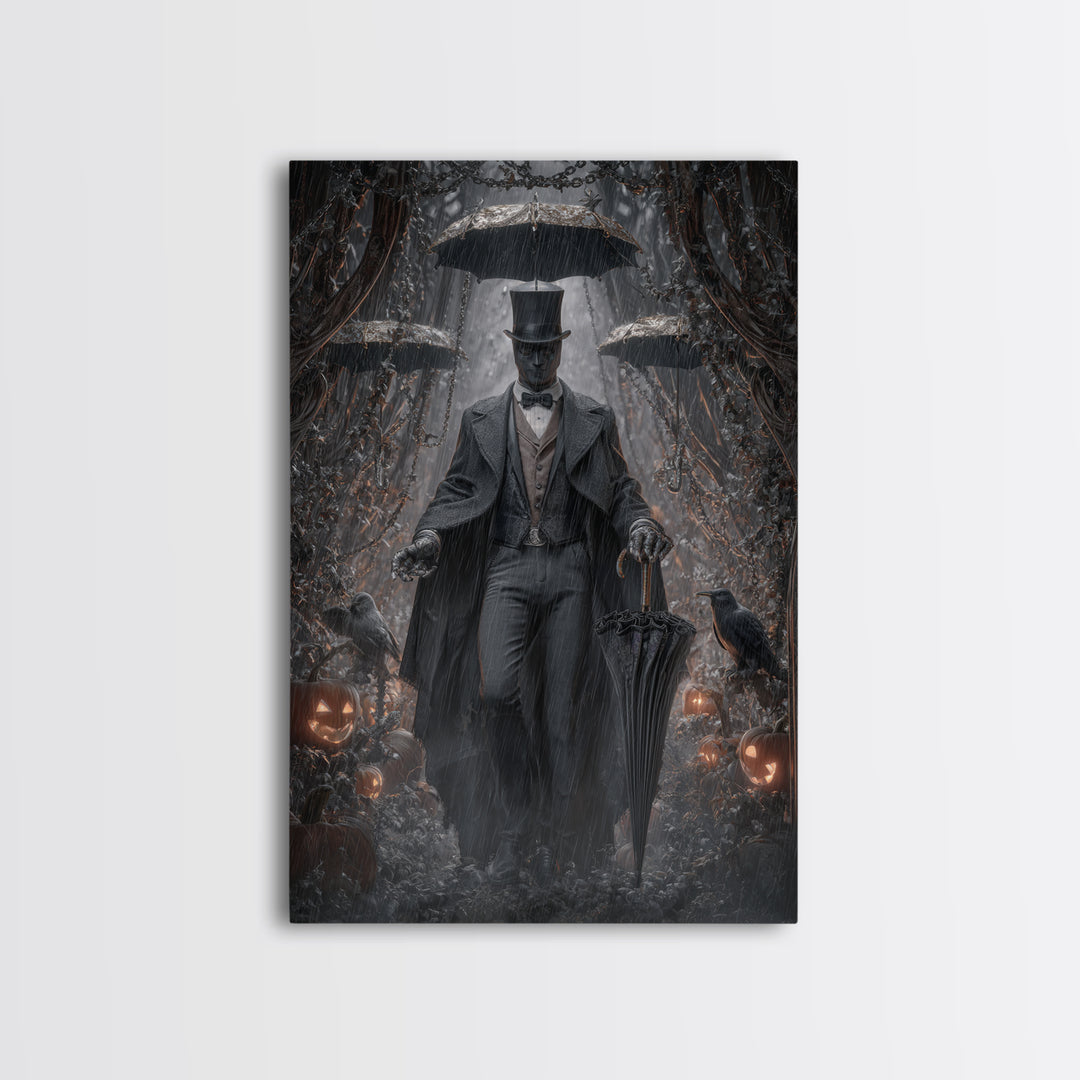 The Bat Umbrella Salesman, Vertical Wall Art, Dark Halloween Decor, Canvas Print, Halloween Wall Decor, Gothic Home Decor