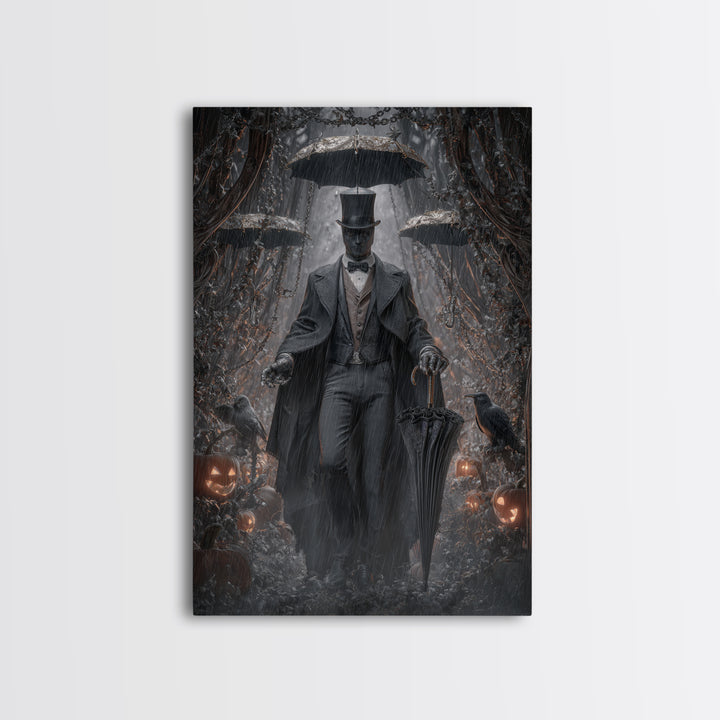The Bat Umbrella Salesman, Vertical Wall Art, Dark Halloween Decor, Canvas Print, Halloween Wall Decor, Gothic Home Decor
