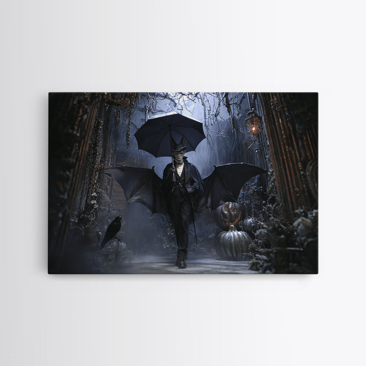 The Bat Umbrella Salesman, Landscape Wall Art, Gothic Horror Wall Art, Framed Canvas Print, Halloween Wall Decor, Gothic Home Decor