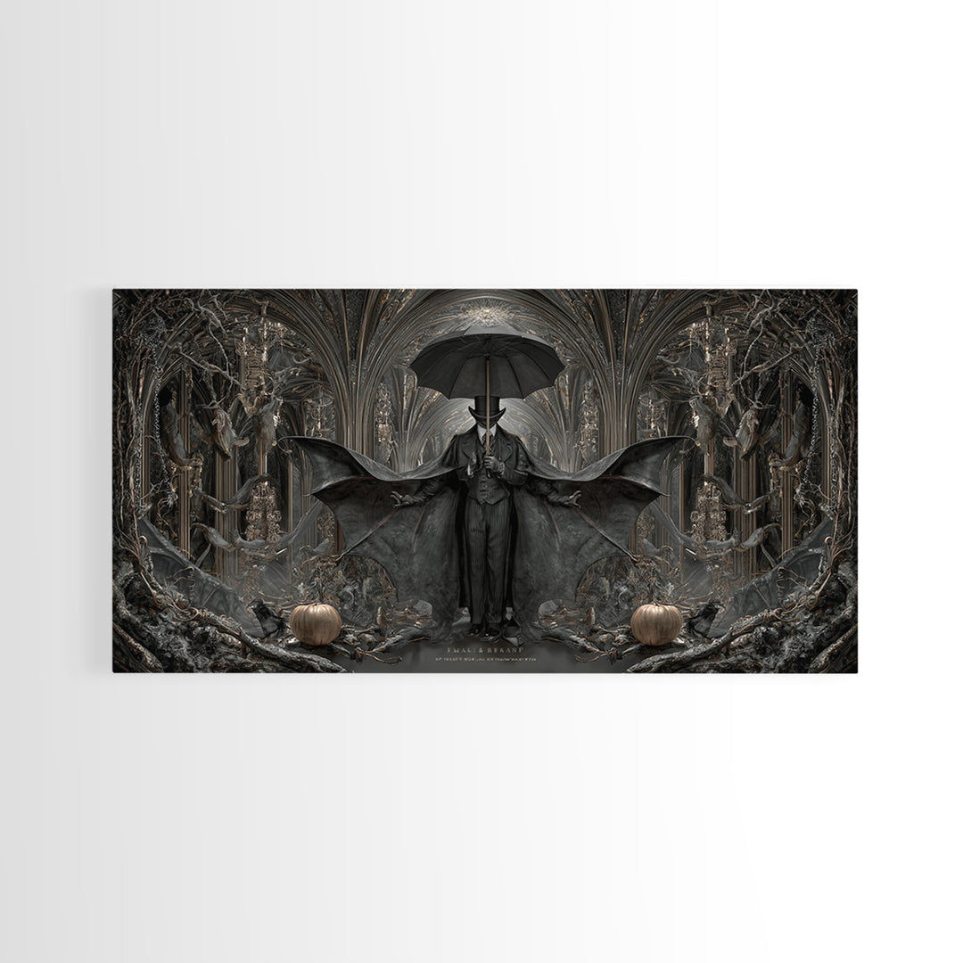 The Bat Umbrella Salesman, Wide Panoramic Art, Dark Fantasy Wall Art, Canvas Print, Halloween Wall Decor, Gothic Home Decor