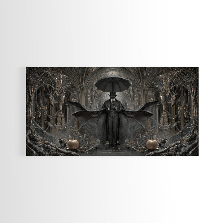 The Bat Umbrella Salesman, Wide Panoramic Art, Dark Fantasy Wall Art, Canvas Print, Halloween Wall Decor, Gothic Home Decor
