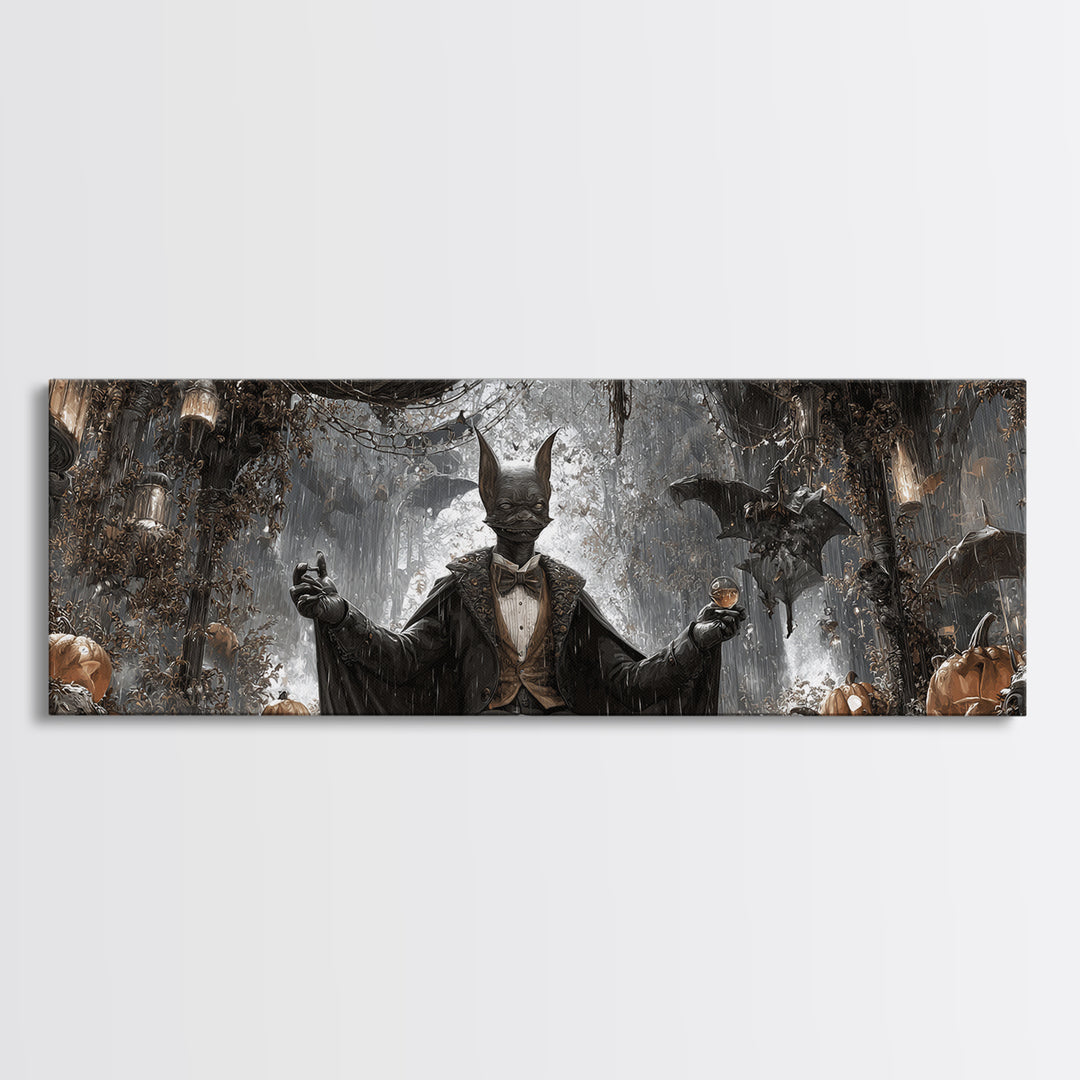 The Bat Umbrella Salesman, Extra Wide Wall Art, Macabre Wall Art, Framed Canvas Print, Halloween Wall Decor, Gothic Home Decor