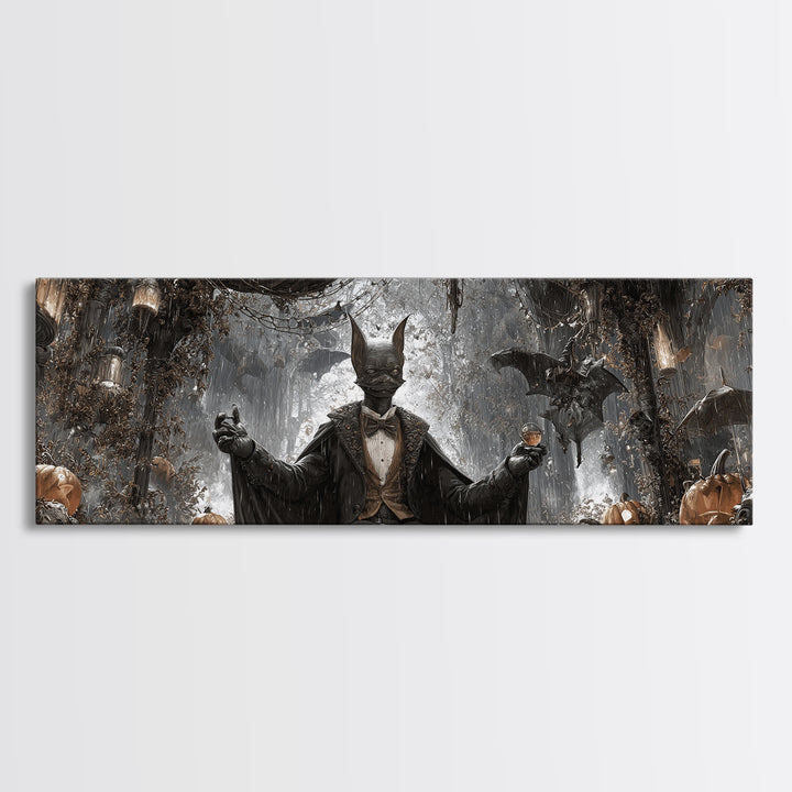 The Bat Umbrella Salesman, Extra Wide Wall Art, Macabre Wall Art, Framed Canvas Print, Halloween Wall Decor, Gothic Home Decor